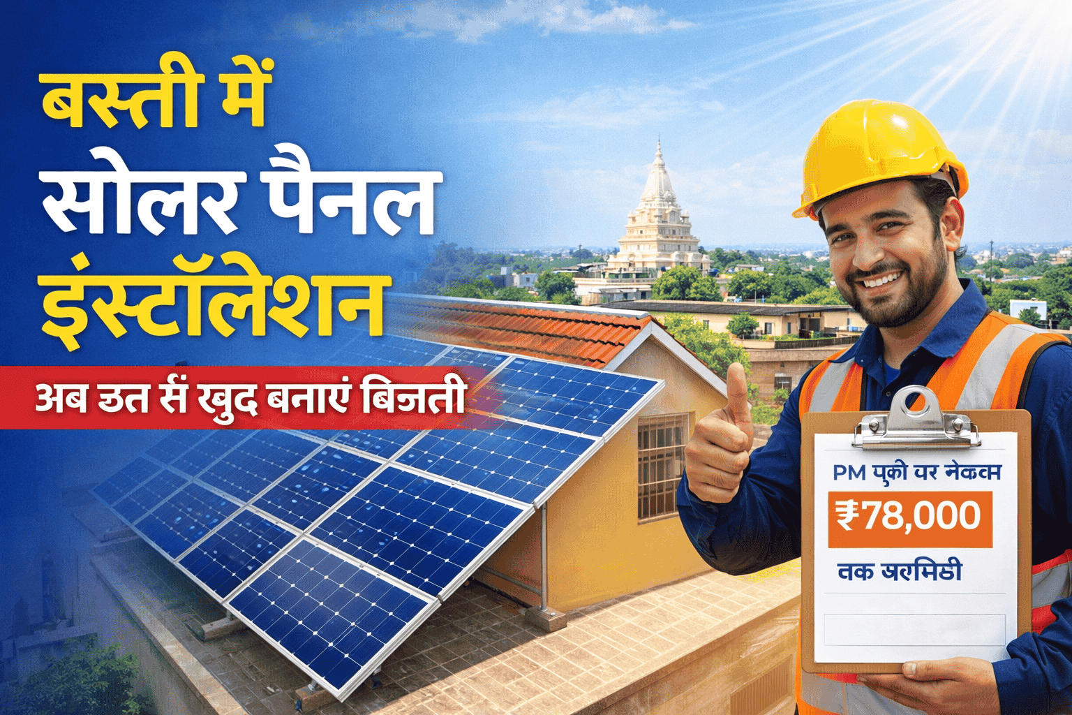 बस्ती में सोलर पैनल इंस्टॉलेशन – अब घर की छत से बन रही बिजली