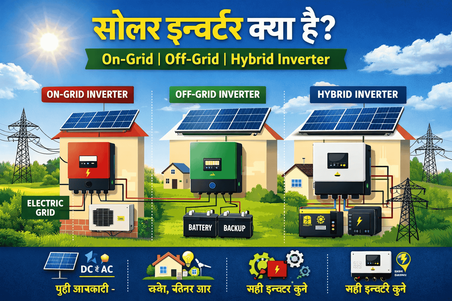 सोलर इन्वर्टर क्या होता है? (On-Grid, Off-Grid और Hybrid Inverter पूरी जानकारी)