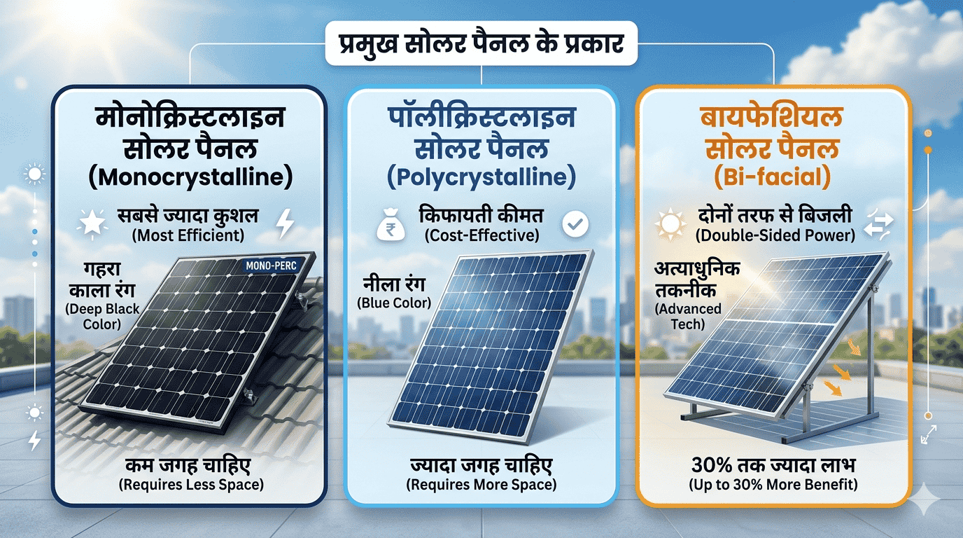 सोलर पैनल के प्रकार: मोनो, पॉली और बायफेशियल में क्या अंतर है ?