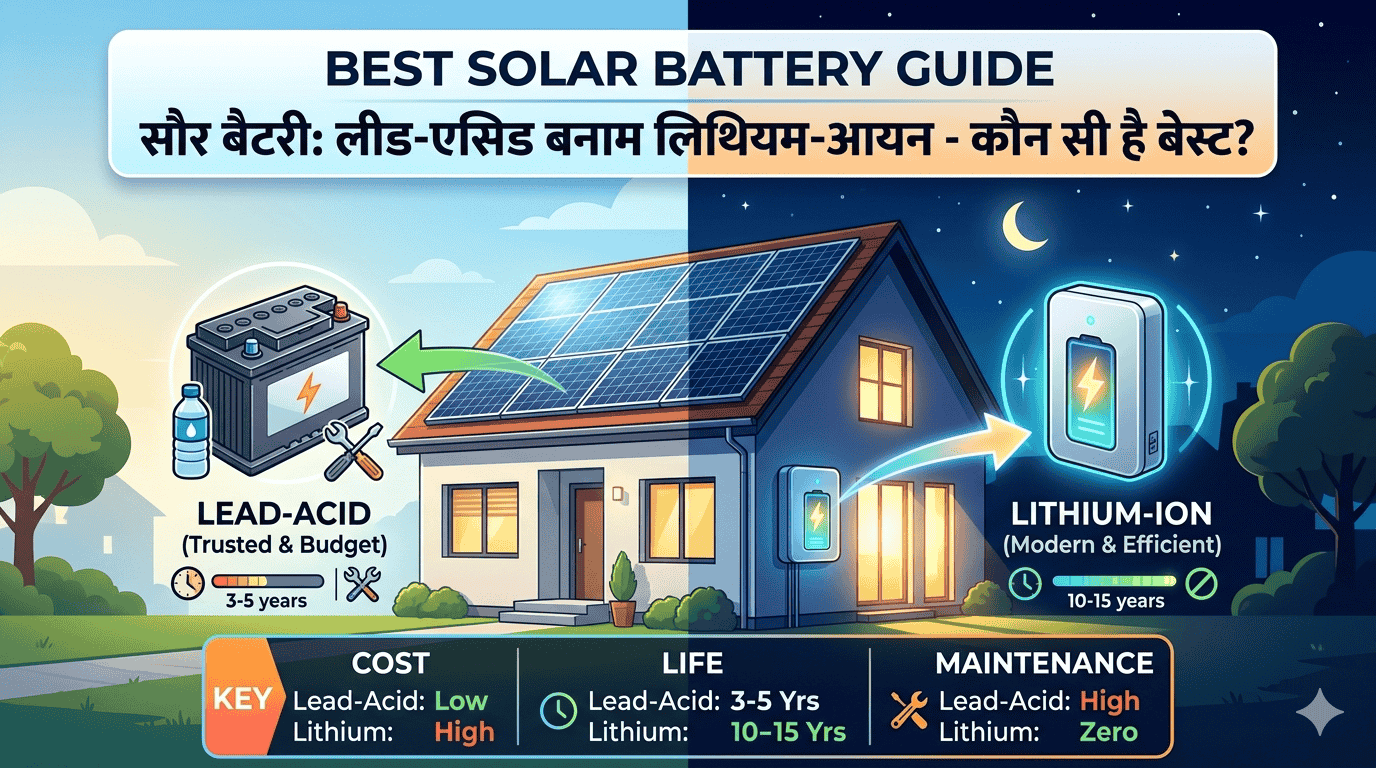 सोलर बैटरी क्या है? रात में बिजली बैकअप के लिए बेस्ट विकल्प (Lead-Acid vs Lithium-Ion)