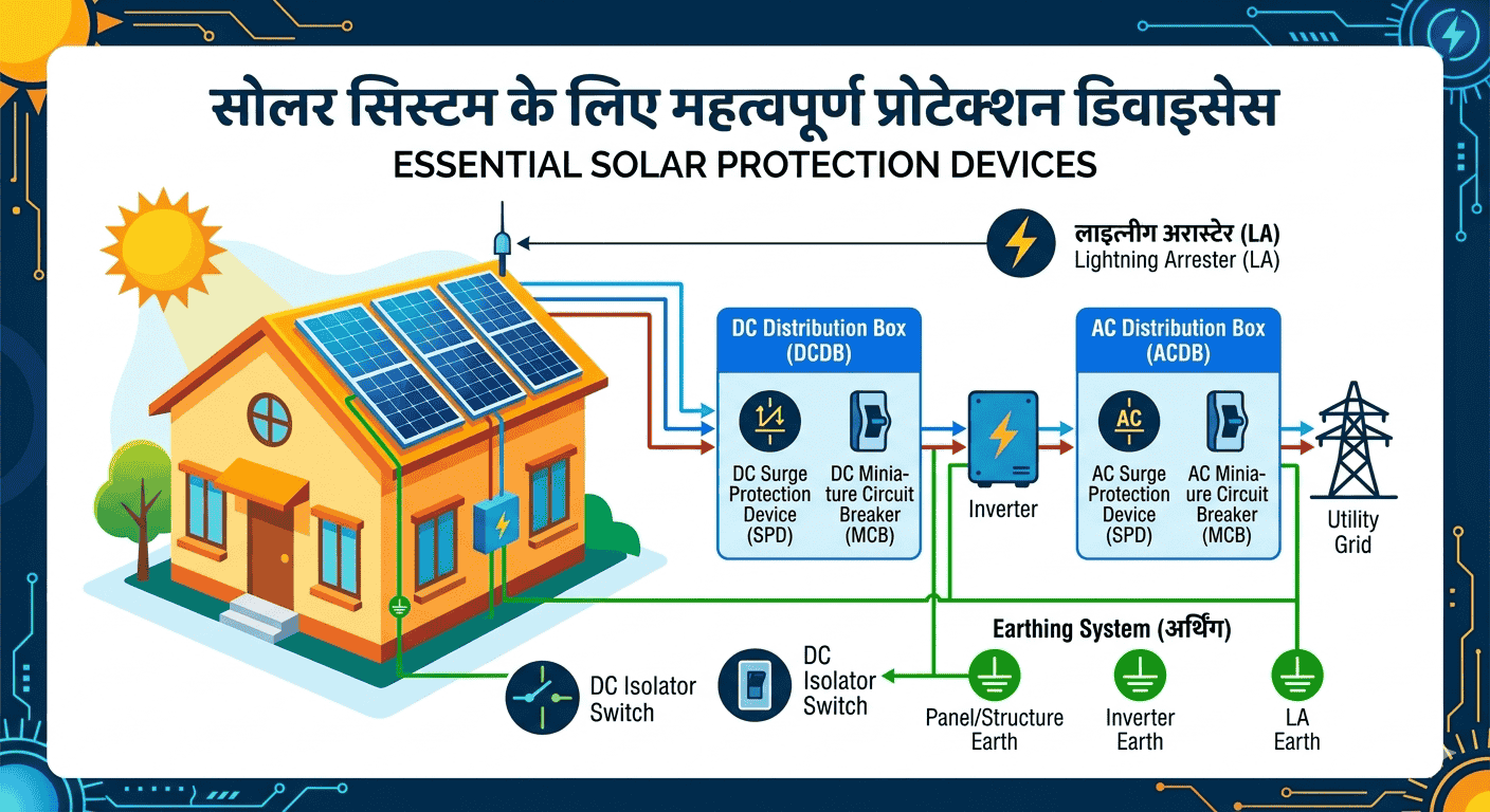 सोलर सिस्टम के लिए ज़रूरी प्रोटेक्शन डिवाइसेस | Solar Protection Devices in Hindi